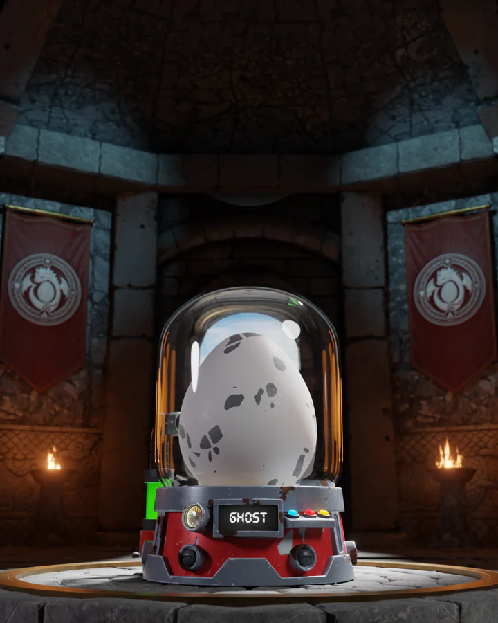 The Ghost egg in its incubator, lit in its own colour