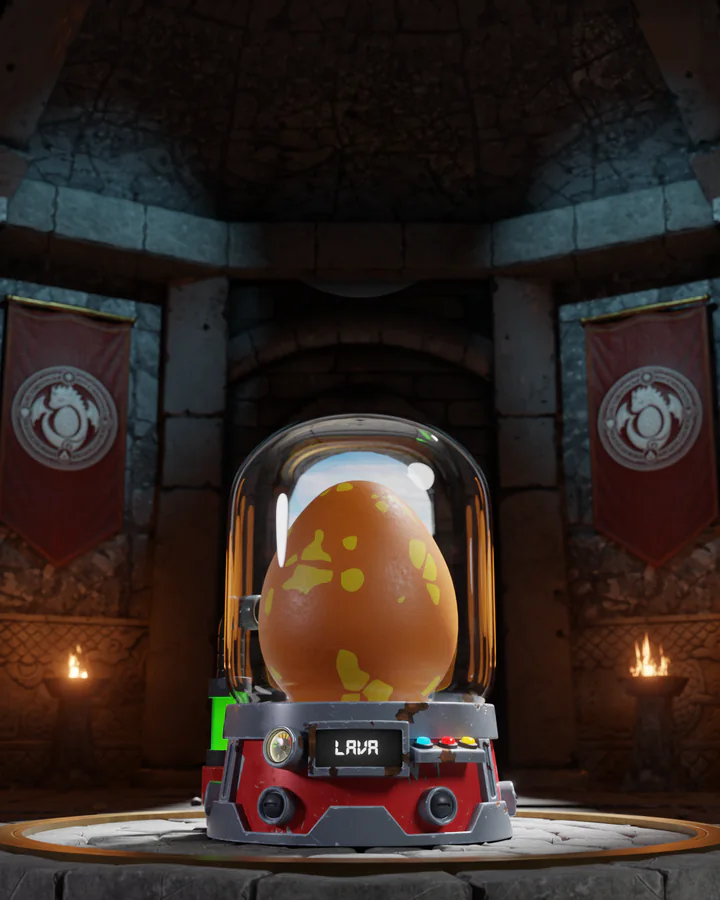 The Lava egg in its incubator, lit in its own colour
