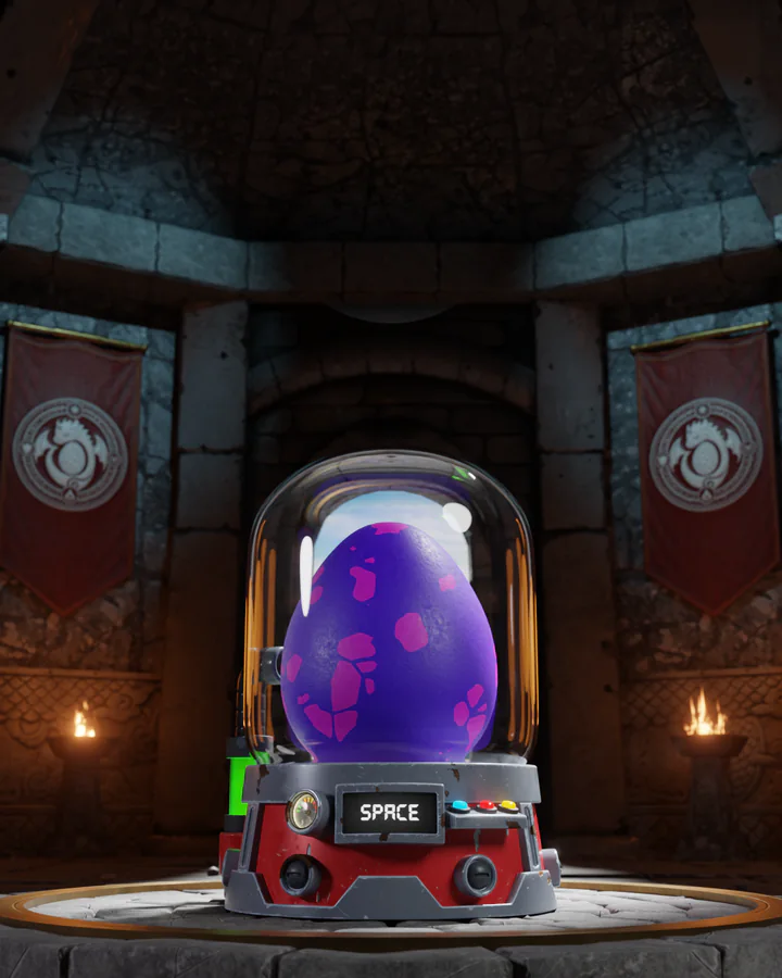 The Space egg in its incubator, lit in its own colour