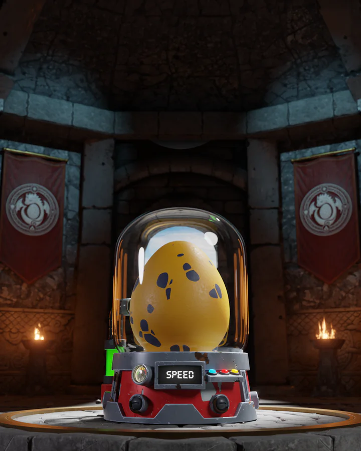 The Speed egg in its incubator, lit in its own colour