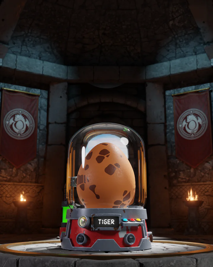 The Tiger egg in its incubator, lit in its own colour