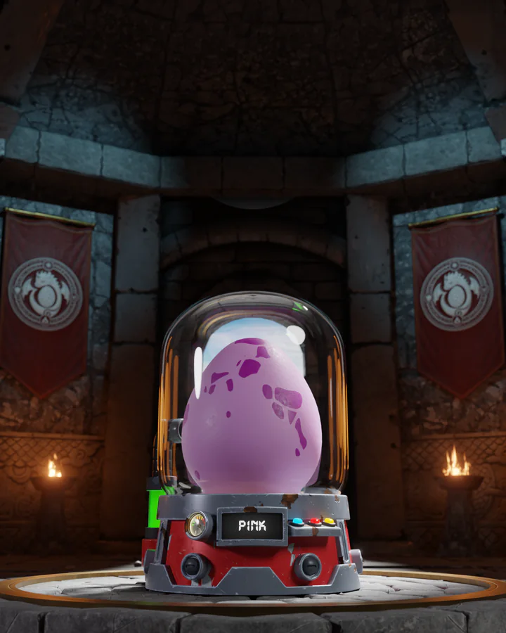 The Pink egg in its incubator, lit in its own colour