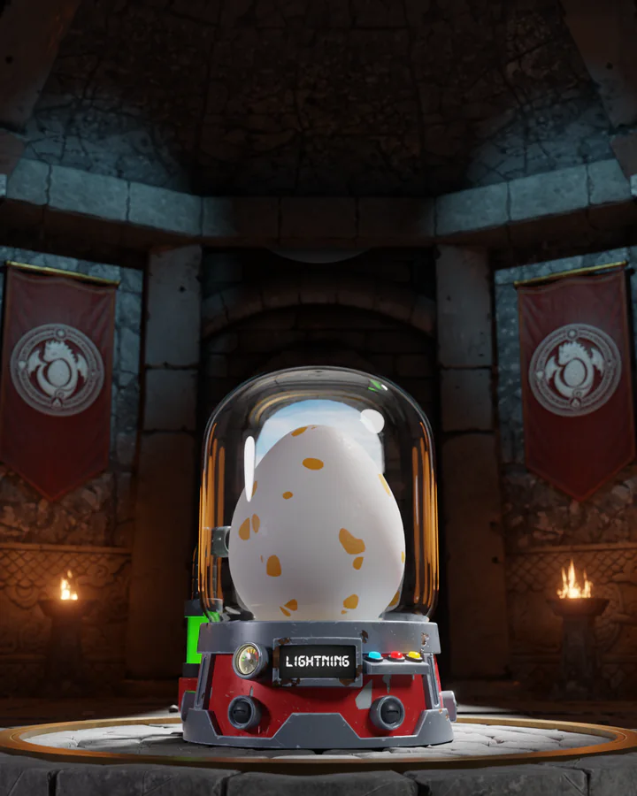 The Lightning egg in its incubator, lit in its own colour