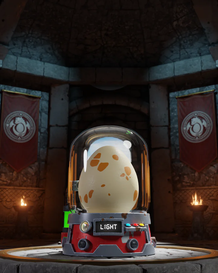 The Light egg in its incubator, lit in its own colour