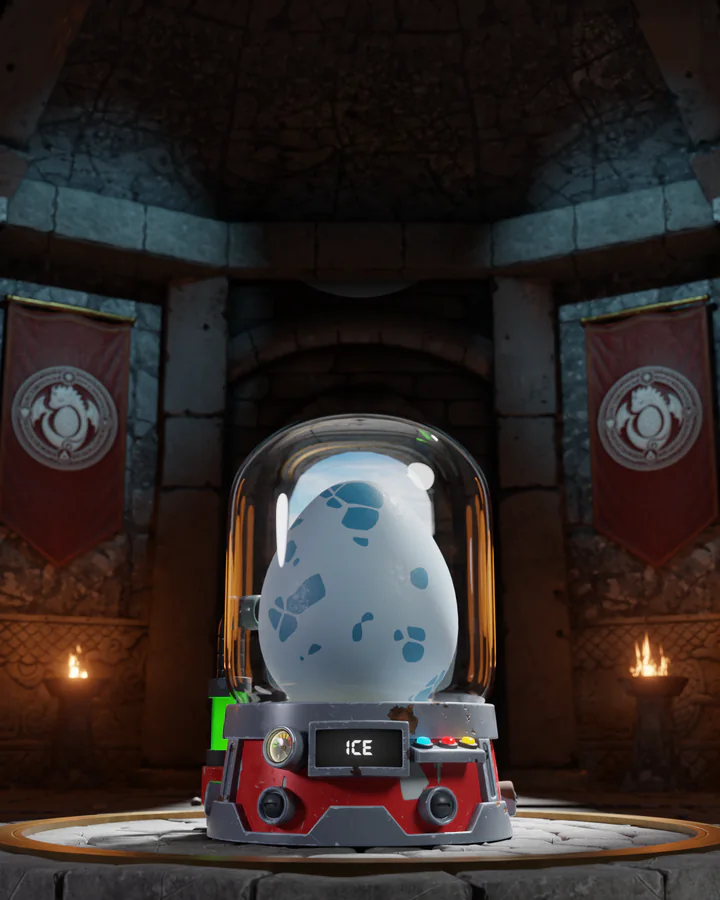 The Ice egg in its incubator, lit in its own colour
