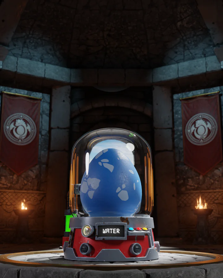 The Water egg in its incubator, lit in its own colour