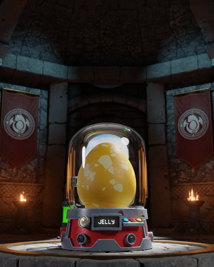 The Jelly egg in its incubator, lit in its own colour