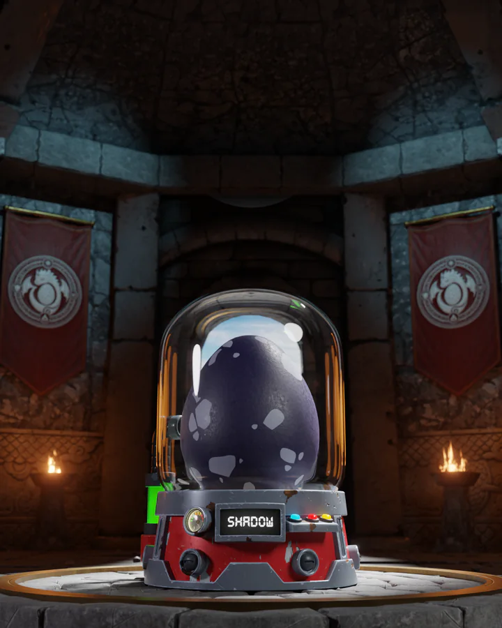 The Shadow egg in its incubator, lit in its own colour